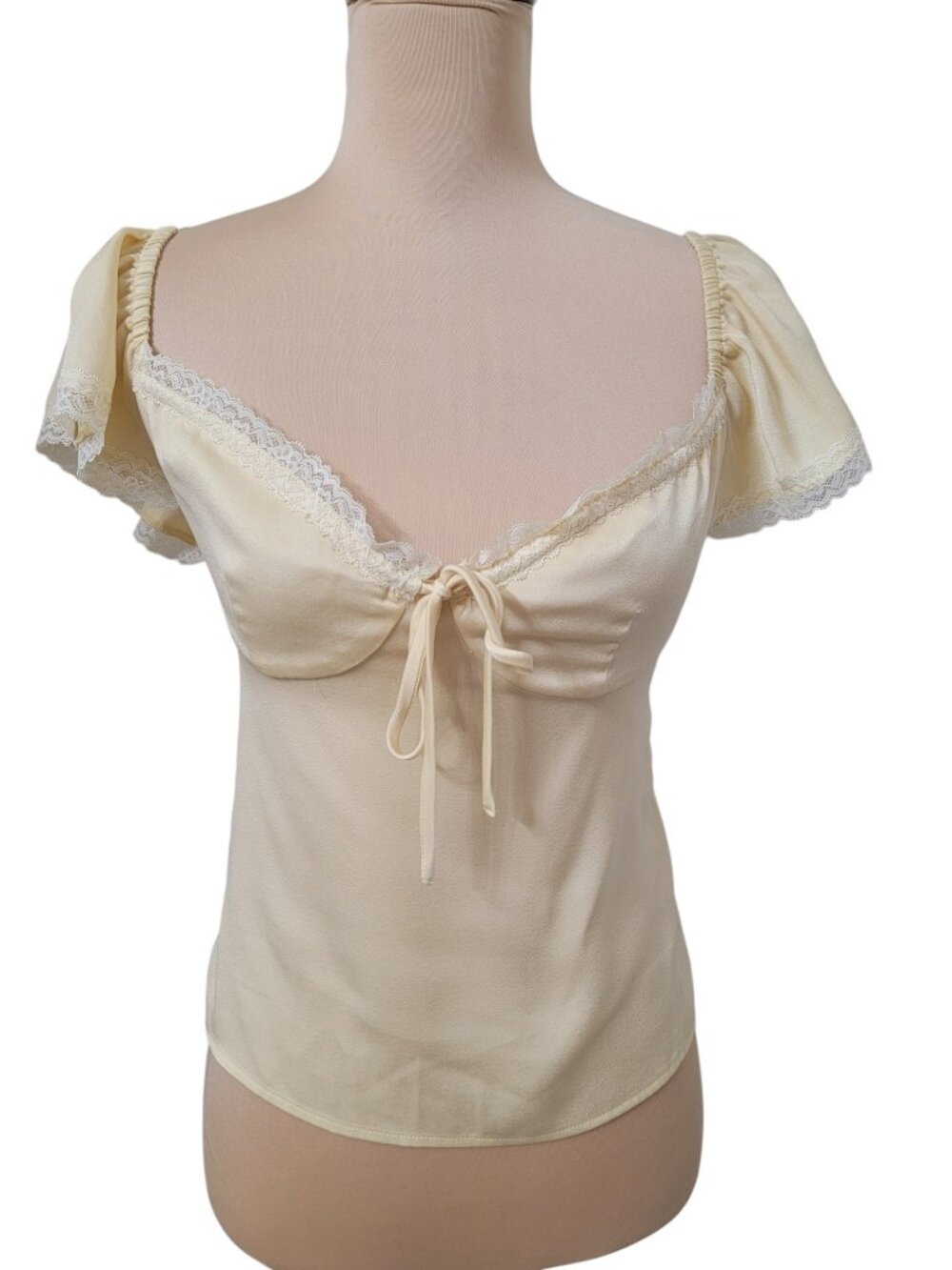 WAYF Size Unknown Melissa Lace Trim Satin Top, Metallic Pale Yellow Color